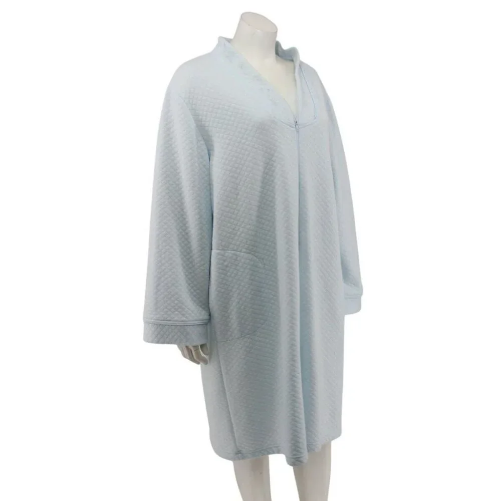 Miss Elaine Woman Blue Quilted Floral Embroidered Zip Fleece Robe Size XL